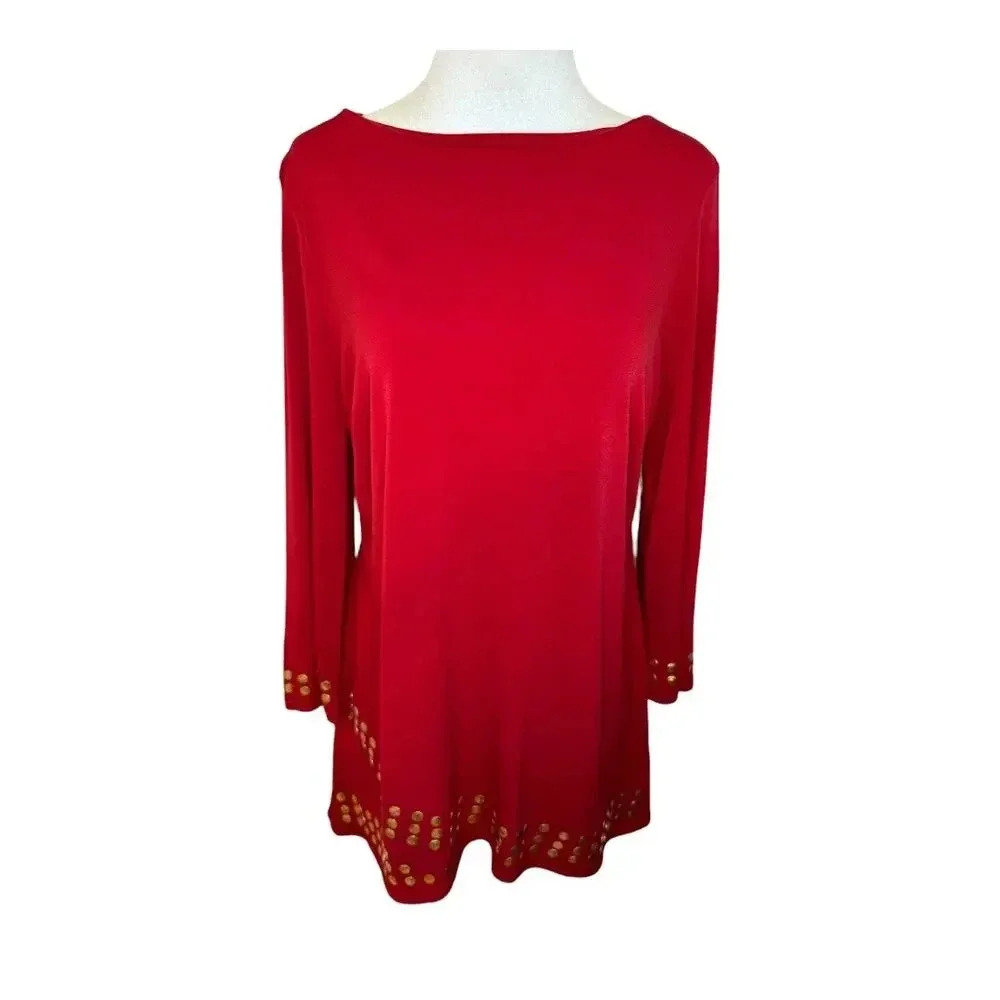 JM Collection Women's Small‎ Red Embellished Tunic Top Casual